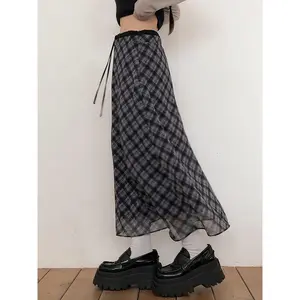 Lace Patchwork High-Waist A-Line Skirt, Street Retro Plaid Print Tie-Bow Half Skirt, Women'S Summer Casual Loose Long Skirt