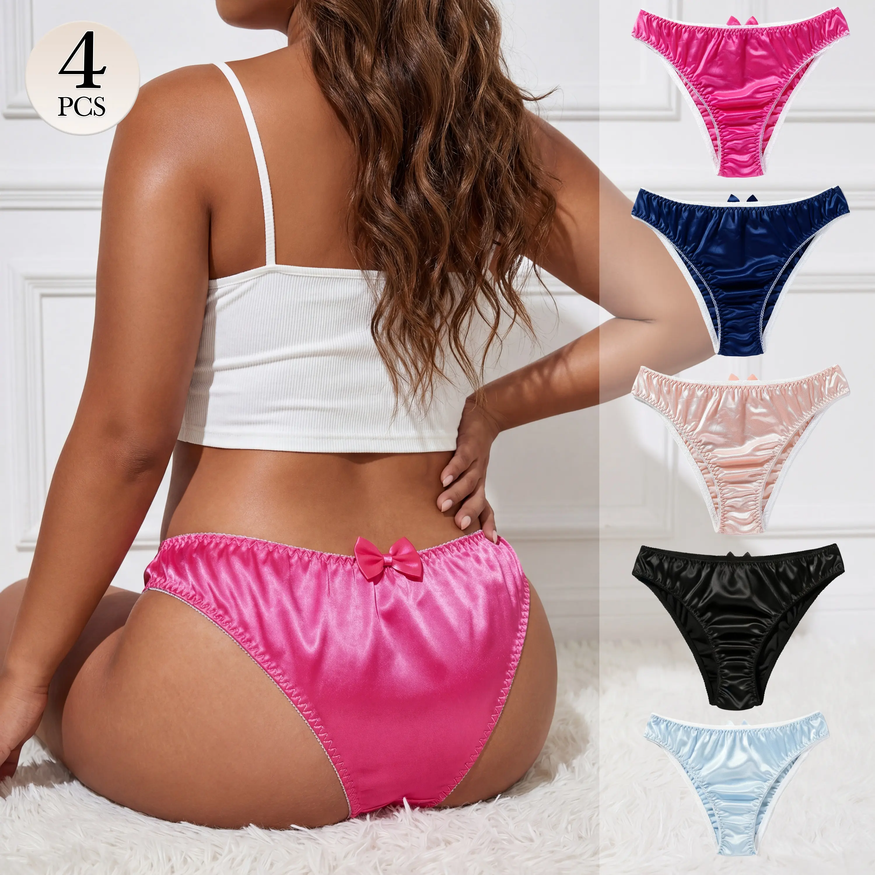 Mid-Waist Satin Thong for Women, Chic Coquette Style Panties with Bow, Buttery Soft & Silky High-Stretch, Padded-Free for Date Night, S, Bikini, Cheeky, High-Stretch Fit Moves With You, Satin-Soft For Luxe