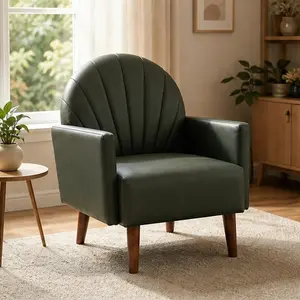 ARCH Shell-Shaped Cushiony Plush Premium Leatherette Real Wood Shock Absorbing Armchair, PU Leather Upholstered Accent Chair with Curved Backrest, 3D Enveloping Soft Padding, 300 lbs Capacity, Easy Assembly for Living Room, Bedroom, Cushiony Armchairs, Pl