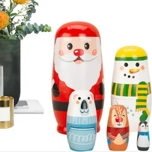 Christmas Cartoon Animal Nesting Dolls Wooden Russian Doll Handmade Stacking Toy Set 5 Pieces for Kids, Educational Gift for Children
