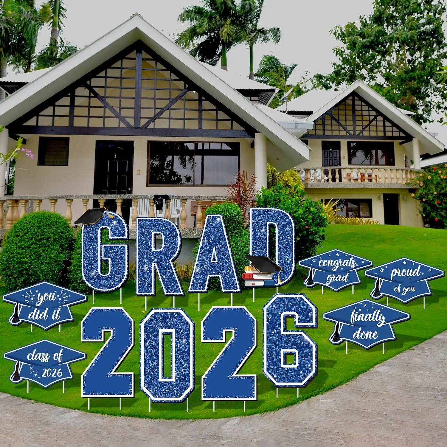 2026 Grad Yard Signs Plastic Graduation Yard Signs Party Outdoor Lawn Decorations 16 Inches Glitter Congrats Grad Lawn Sign with Stakes for Outdoor Party Garden Decor (Blue)