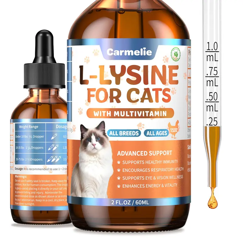 Carmelie L-Lysine Cat Supplement, 60ML Roast Chicken Flavor - Vit C/D3/B Blend, Vitality Support, Healthy Immunity Boost, Immune+Respi Aid, Eye Care with Taurine, Reduces Sneezing-Runny Nose, Results in 1-2 Weeks (All Ages Feline)