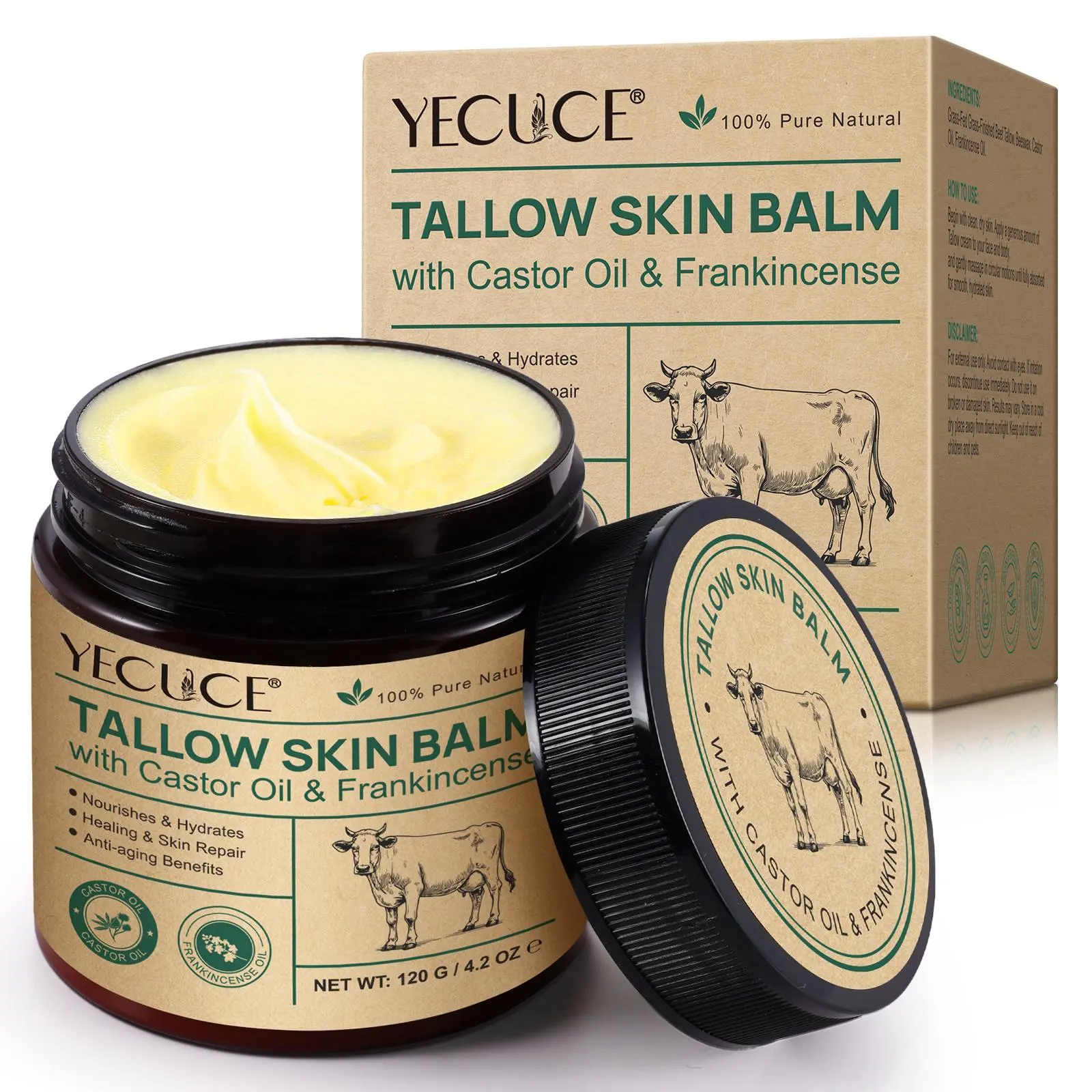3 in 1 Moisturizing Beef Tallow Skin Balm, Castor Oil & Frankincense Moisturizer, Plant-based Formula Moisturizer, Body Care Moisturizers Gentle Cares for Sensitive Skin, Deeply Moisturizing Firming, Moisture Hydrate Restore, Moisturizing Anti Dryness