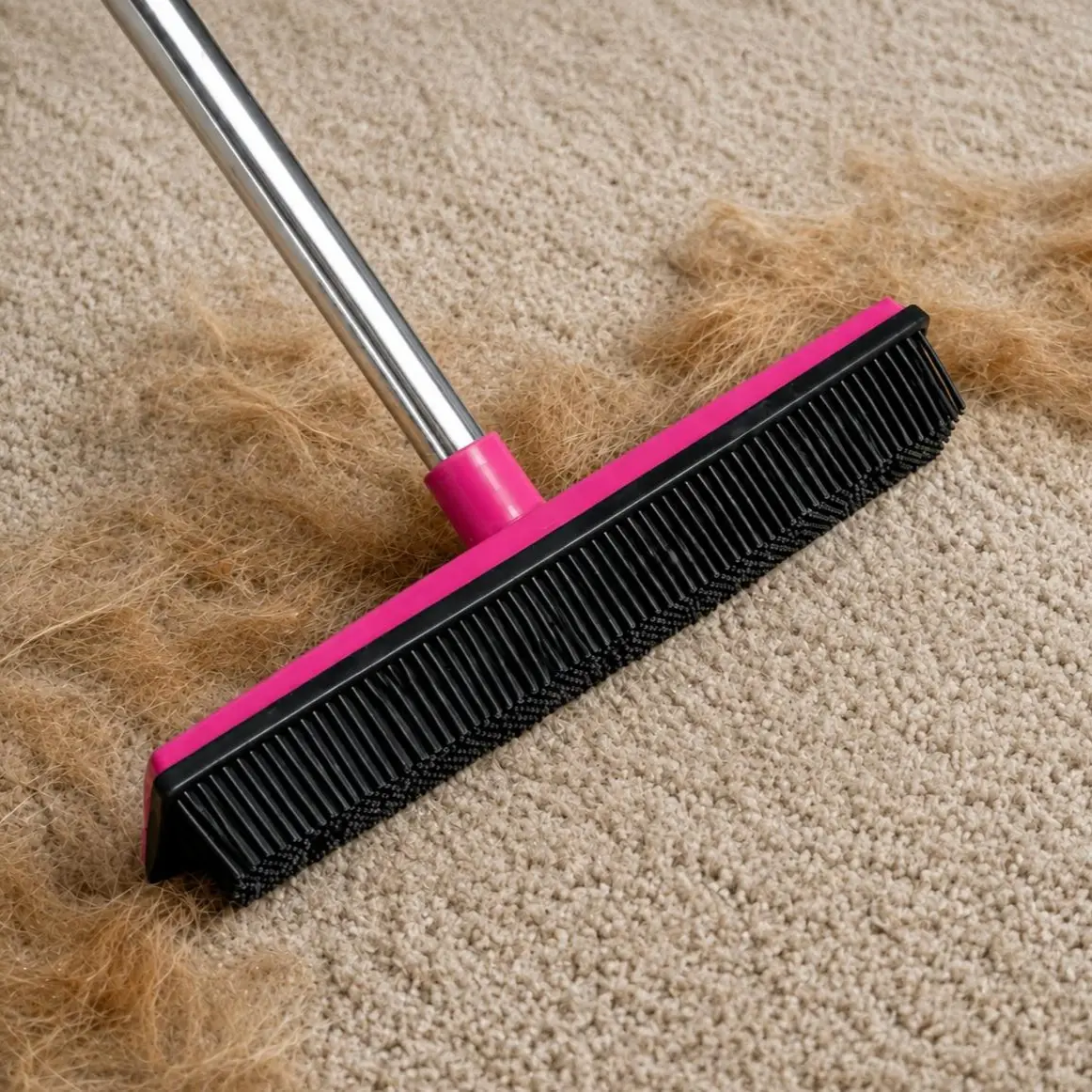 Pet Hair Remover Rubber Broom - Stainless Steel 3-Section Removable Handle Brush, Carpet Rake, Floor Squeegee for Dog & Cat Fur, Indoor Sweeping & Housekeeping Cleaning Tool (Carpets, Floors)