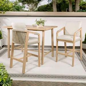 JONATHAN Y Porto Modern Coastal 3-Piece Acacia Wood Outdoor Bar Set with Cushions