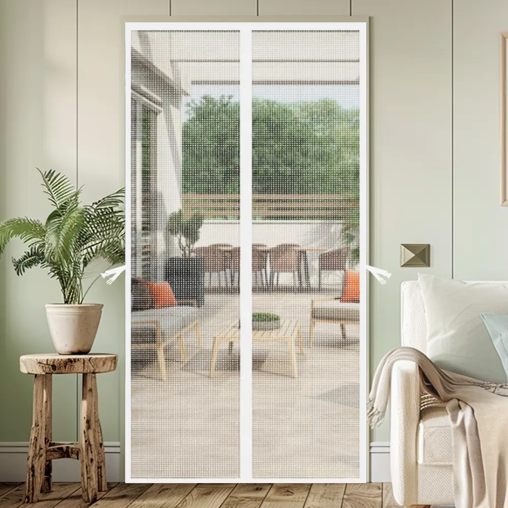 AIYYIPA Modern White Magnetic Screen Door with Storage Buckle, Heavy Duty Fiberglass Mosquito Door Curtain for Maximum Ventilation and Bug-Free Living, Hands Free Mesh Pet Friendly, Perfect for Home, Yard, Patios and Front Door Entrances