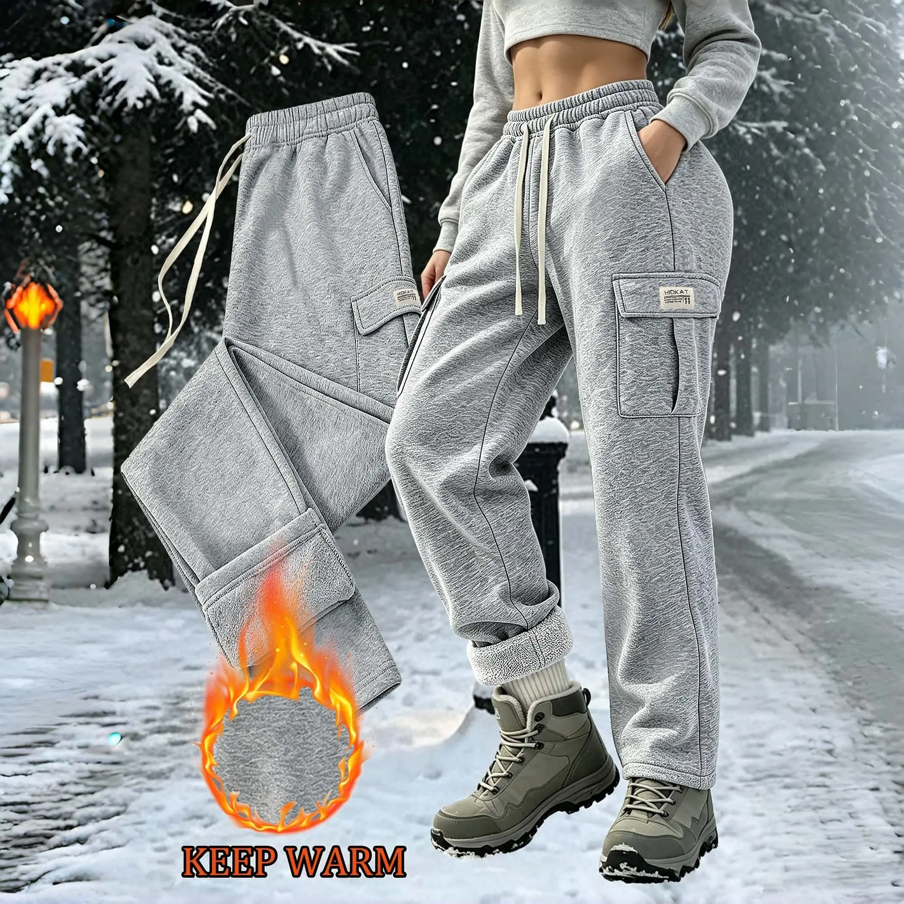 Women's work pants warm thick winter jogging pants, elastic drawstring high waisted multi pocket loose straight leg warm pants, comfortable cold street wear, outdoor skiing pants, daily casual winter wear