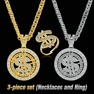 Rotating Necklace Ring 3-Piece Set 28in Thick Chain Two-Color Rotatable Dollar Pendant Matching Dollar Ring Set Non-Fading HIPHOP Hip-Hop Trendy Jewelry
