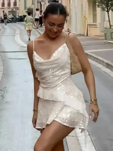 VERA Elegant Sequin Cowl Neck Fitted Dress, Women's Backless Spaghetti Strap Dress, Tiered Ruffle V-Neck Sleeveless Summer Party Gown