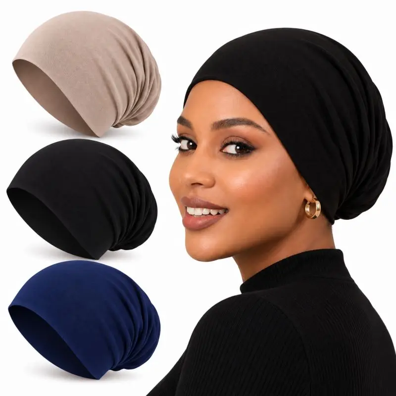 Humwam 3 Pack Women Solid Jersey Hijab Flat Top Cap, Lightweight Breathable Muslim Inner Headscarf, Matches Abaya, All Seasons Daily Wear