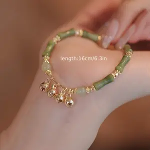 1pc Chinese Style Bamboo Segment Bell Charm Bracelet, Faux Jade Color Glass Beads with Golden Tone Accents, Fashionable Daily Wear Jewelry Accessory, Fits All Seasons