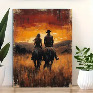1 Piece Frame Canvas Print - Romantic Cowboy and Girl Riding Horses Western Art, Sunset Landscape Bold Brushstrokes, Couple Country Wall Decoration, Wedding Gift Idea, Cowboy Theme Room Decoration, Dramatic Sky Piece, Textured Art, 2D Flat Surface, Perfec