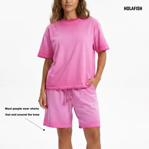 Holafish Women's 2-Piece Minimalist Cotton Knitting Set - Crew Neck Short-Sleeve Top, Above-the-Knee Shorts, Heavyweight Fabric, Relaxed Fit, Summer Washed, Trendy Gradient, Party-Ready Casual Elegant Basic