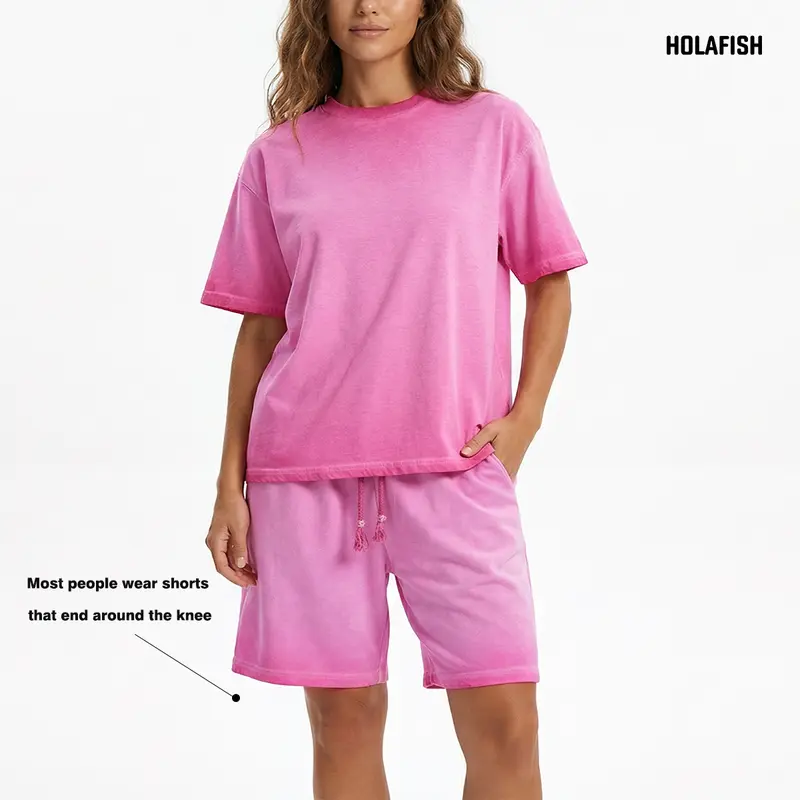 Holafish Women's 2-Piece Minimalist Cotton Knitting Set - Crew Neck Short-Sleeve Top, Above-the-Knee Shorts, Heavyweight Fabric, Relaxed Fit, Summer Washed, Trendy Gradient, Party-Ready Casual Elegant Basic