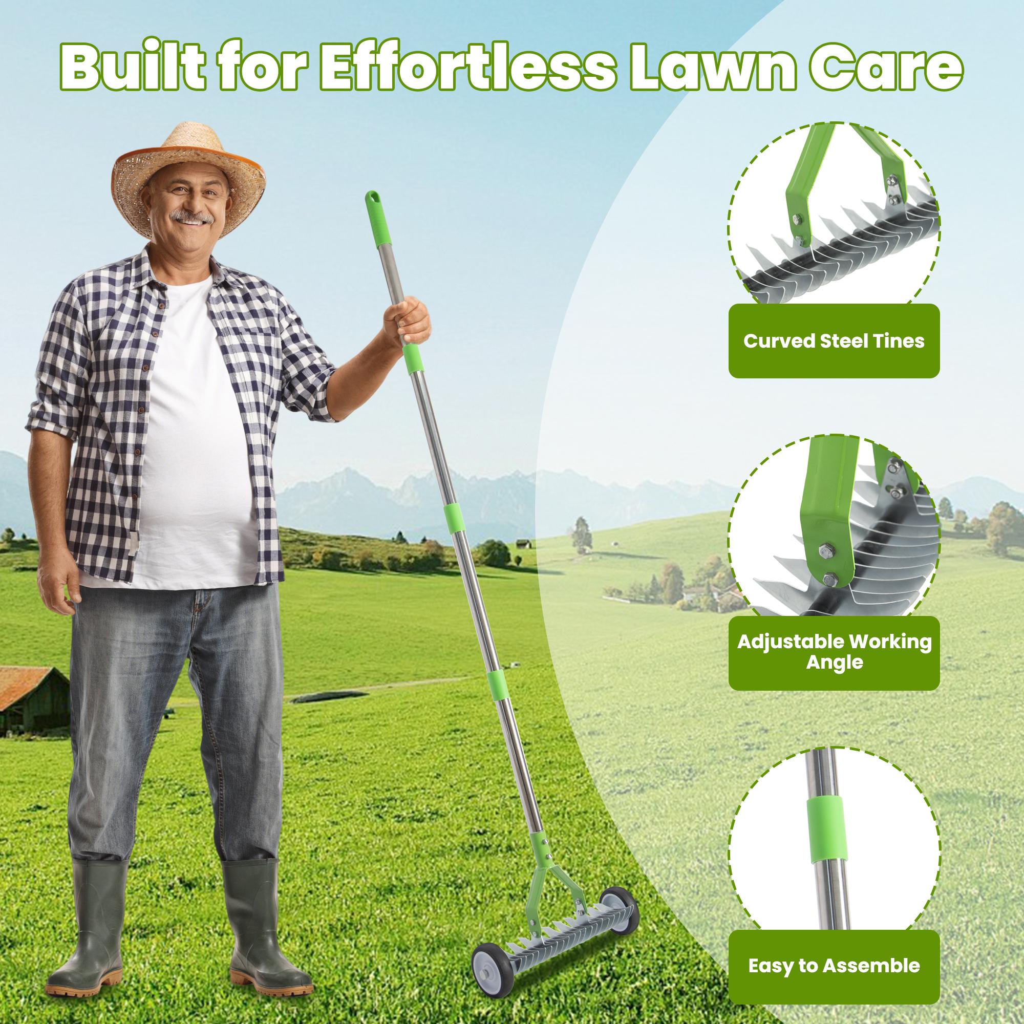 【seckill19%】Lawn rake, adjustable gardening rake head, 38inch to 65inch handle with wheels, 21 and 11 double-sided steel teeth, heavy-duty weeding rake suitable for both cold and warm season lawns, used for landscaping and lawn maintenance (green)