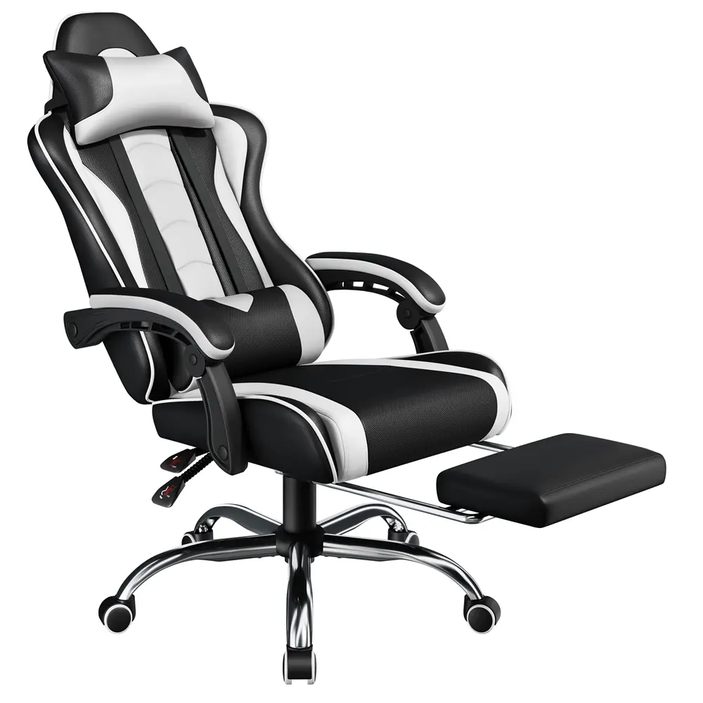 【Footrest & Massage】Costoffs Racing Gaming Chair, Ergonomic Swivel Computer Desk Chair with 135° Reclining Backrest, Adjustable Height, Head Pillow, Lumbar Support, Padded Armrests and Mute Castors for Home Office