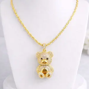 Gold Teddy Bear Pendant Necklace with Rhinestone Details and Rope Chain for Women