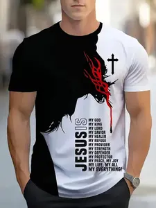 Men'S Inspirational Jesus Cross T-Shirt - Black & White Striped Graphic Tee with "Jesus is My Everything" Print, Crew Neck, Short Sleeve, Casual Relaxed Fit, Perfect for Casual Summer Outfits, Streetwear