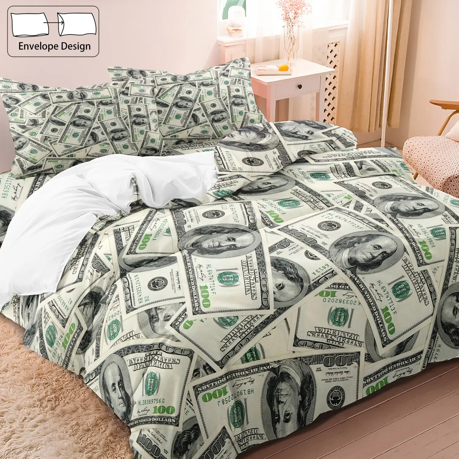 Money Dollar Pattern Bedding Set, Comfy Bedding Set, Theme Bedding Set, 3 Counts Including 1 Count Duvet Cover & 2 Counts Pillowcases, Soft Comfortable Bedding Set for Bedroom Guestroom (Comforter Not Included), Comfy Bed Sets