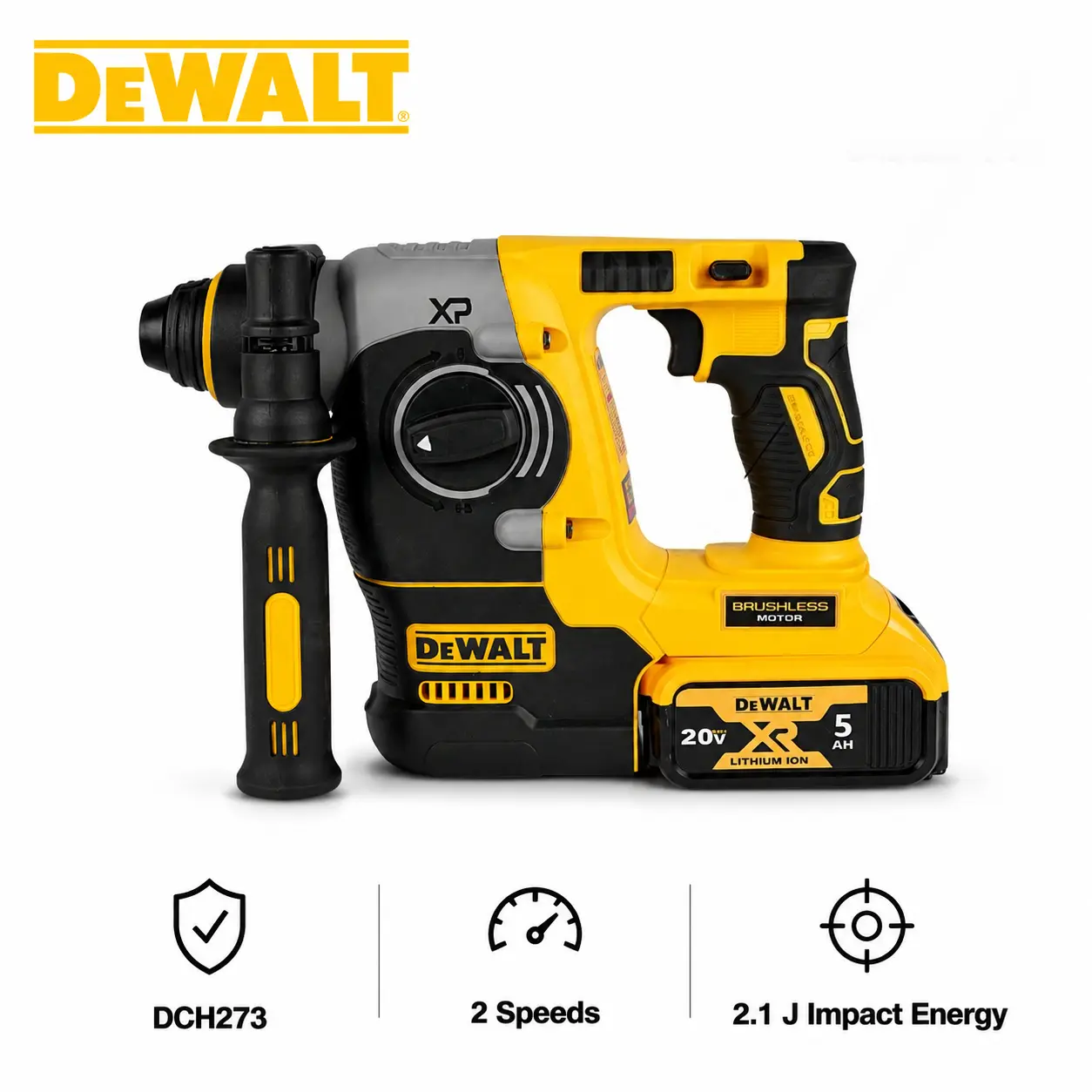 Dewalt DCH273 Cordless Rotary Hammer Drill, 20V Max Xr Brushless Tool, Sds-Plus Chuck, 2.1 J Impact Energy, Shocks Vibration Reduction, For Concrete Brick Wood Metal Work, Overload Protection, Led Site Work Light