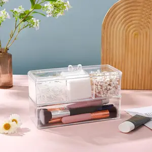 Transparent Cotton Swab Holder Box, 1/2 Layer Storage Container with Lid, Divided Compartments, Bathroom Beauty Organizer for Makeup Pads & Cosmetics, Bedroom Essentials, Dustproof Storage Box