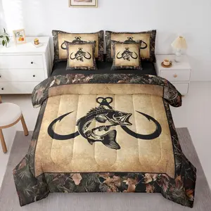 Fishing Bass Fish Comforter Set with Sheets 7 Piece Fishhook Pike Fish Bed in A Bag Rustic Camo Bedding Set,for Kids Adults,Woodland Camouflage Bed Set