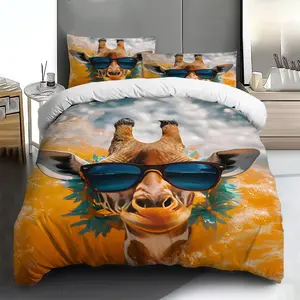 Three-piece bedding set - 2pcs/3pcs 2D Flat Giraffe with Sunglasses Pattern (1 duvet cover + 1/2 pillowcases, no insert), multi-color printed bedding set, soft and comfortable, suitable for family bedrooms and guest rooms.
