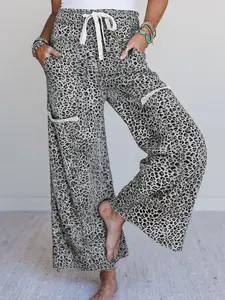 Women's Fashion Chic Animal Leopard Print High-Waisted Baggy Wide-Leg Polyester Lounge Trousers with Pockets, Casual Comfy Sweatpants fathersdaygift