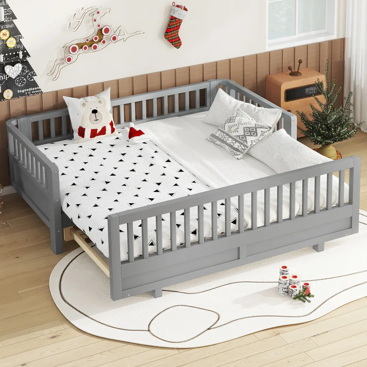 Bellemave Twin / Twin XL Size Platform Bed with Guardrails Solid Wood Convertible Design Grey Color Durable Construction Safe & Elegant Style Easy Assembly