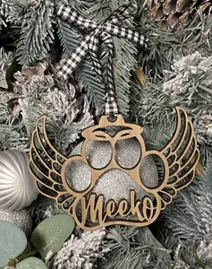 DOLCE CRAFTS Pet Memorial Ornament, Paw with Wings Christmas Ornament, Shiplap Paw Ornament, Pet Angel Paw Ornament, Personalized Wood Ornament Gift Wooden Decor