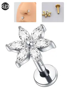 1pcs Titanium Crystal Flower Sparkling Tragus Piercing Earring, 16g 18g Cartilage Piercing Stud, Helix Conch Rook Lobe Earrings, Punk Style, Flower Jewelry, Surface Tragus Piercing Jewelry, Ear Studs, Trendy Earrings, Titanium Nose Hoops