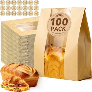 Tripho 100 Pcs Bread Bags for Homemade Bread with Clear Window & 120 Stickers, Sourdough Bread Bags for Storage of Bread,Cookies & Snacks, Brown Paper Lunch Bags, Large Bakery Paper Bags