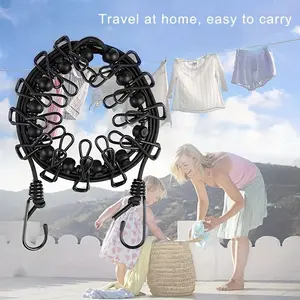 Outdoor Portable Retractable Windproof Clothesline with 12 Clips, Travel Foldable Drying Rack, Outdoor Hanging Rope for Laundry
