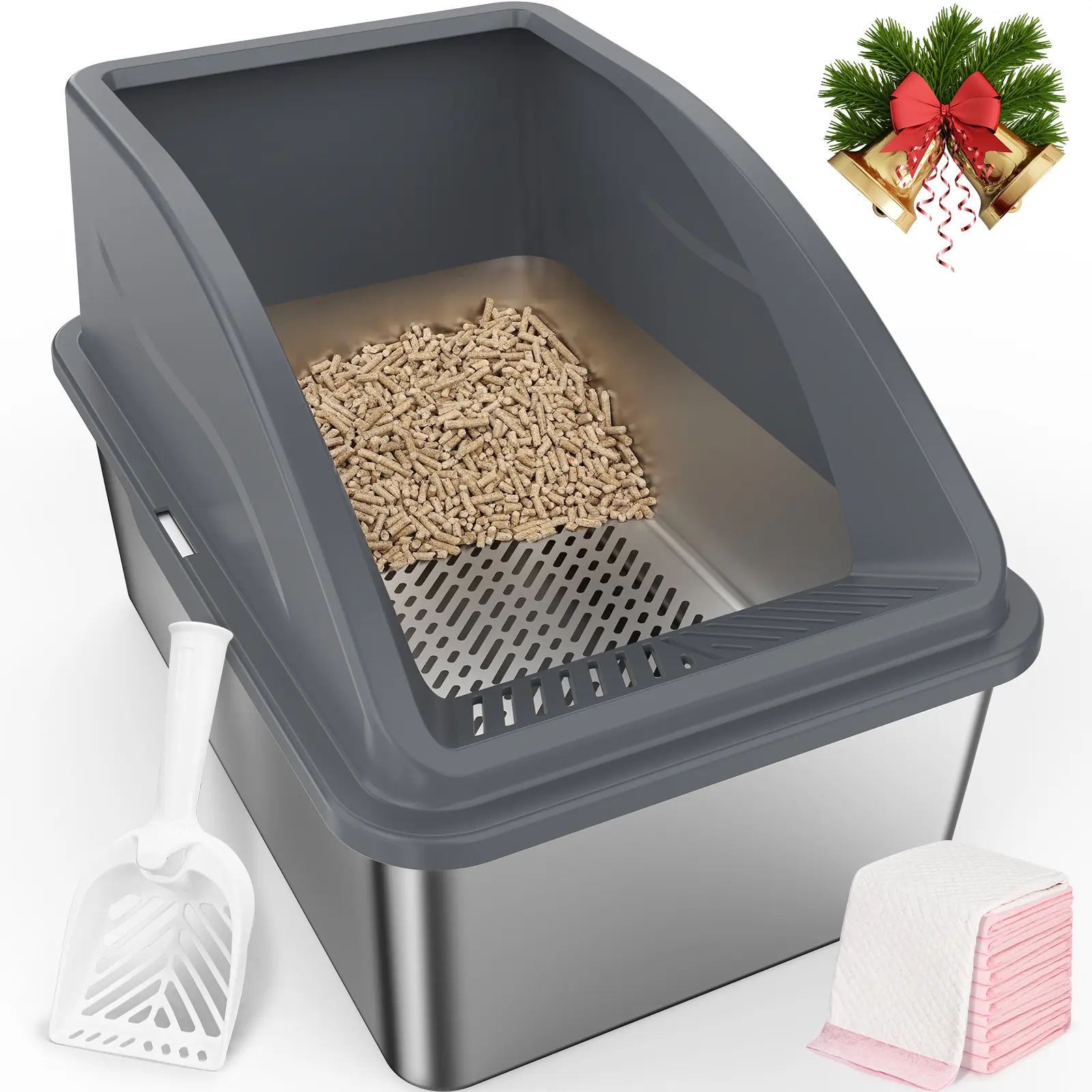 XXL Stainless Steel Cat Litter Box for Pine Pellet/Non-Clumping System, Sifting Litter Pan with Cover for Big Fat Cats, High Sides Prevent Leaks, Non-Stick Base
