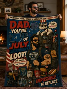 Dungeon Crawler Carl 4th of July Dad Blanket - 'Dad, You're Legendary Loot' Patriotic Fleece Throw Featuring Carl & Princess Donut - Funny LitRPG Book Fan Gift for Independence Day