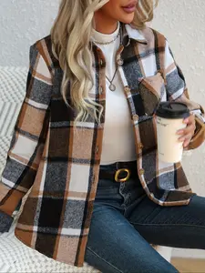 Women's Fall Winter Plaid Knit Jacket Coat, Casual Fashion Thick Warm Outerwear, Slim-Fitting All over Print Design, Ladies Clothing, Womenswear