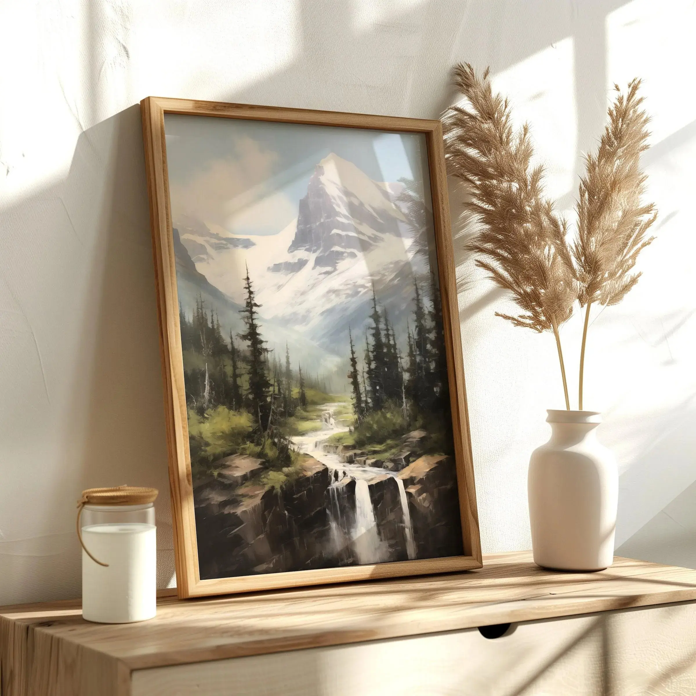 Vintage Mountain Landscape Poster Unframed , Glacier Park, National Park Print, Montana Print, Rustic Waterfall