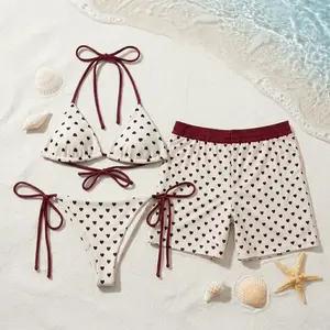 [HOT SUMMER 2026] Burgundy Polka Dot Matching Couple Swimwear Set – Triangle Bikini & Men’s Swim Trunks, Beach Vacation Honeymoon Outfit