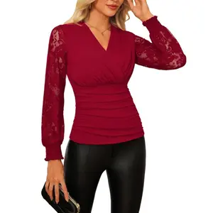 Grace Karin womens Tops Dressy Casual, Elegant Lace Sleeve Shirts Wrap Ruched Blouses, 2026 Summer Fashion Outfits