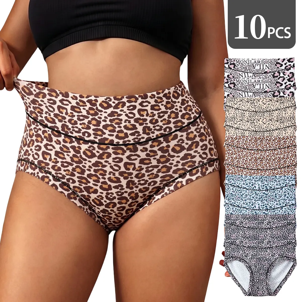 QUASTI 10-Pack Plus Size High Waist Briefs, Leopard Letter Mixed Prints Luxurious Smooth Panties, Stable Anti-Roll Wide Waistband Womenswear, Breathable Daily Underwear