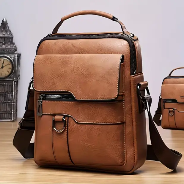 Retro Men's PU Leather Crossbody Bag - Casual Multi-Function Shoulder Messenger Bag with Top Handle, Adjustable Strap, Zip Closure for Business Use