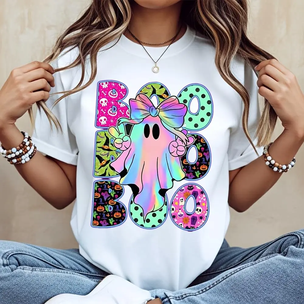 Rainbow Ghost Boo Print T-Shirt, Halloween Party Costume, Cute Spooky Season Top For Women Girls