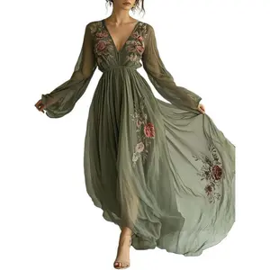 Ethereal Embroidered Chiffon Maxi Dress: Boho Romance for Weddings, Beach & Evenings Fabric Green