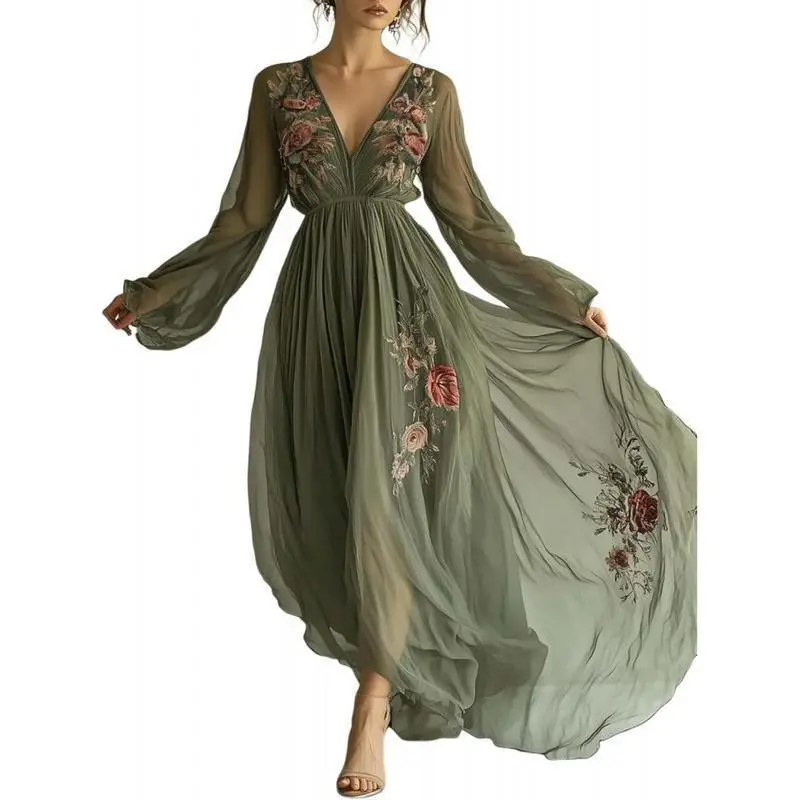 vintage sage green long gown with sleeves - TikTok Shop