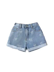 Girls Medium Blue Denim Shorts 8-12y, Retro Bowknot Embroidery, Contrast Stitching, Casual Summer Hot Pants, Toddler Girls Streetwear, Casual Loose Shorts