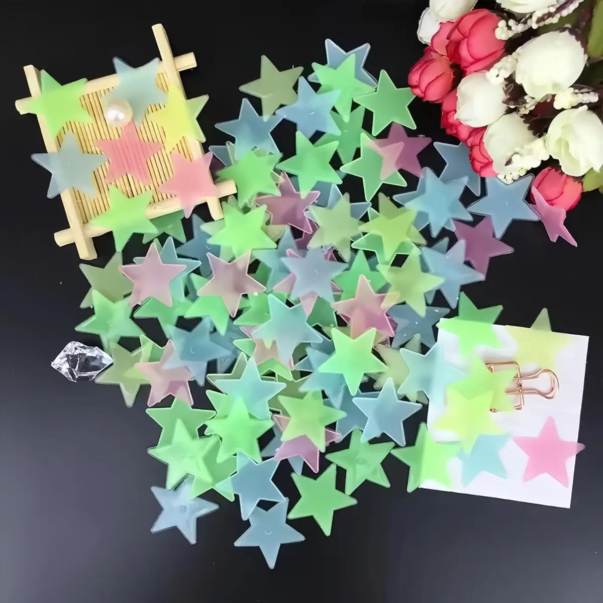 2pcs PVC Glow-In-The-Dark Stars Fluorescent Wall Stickers, Colorful Kids' Bedroom Home Decor, Birthday Party Supplies