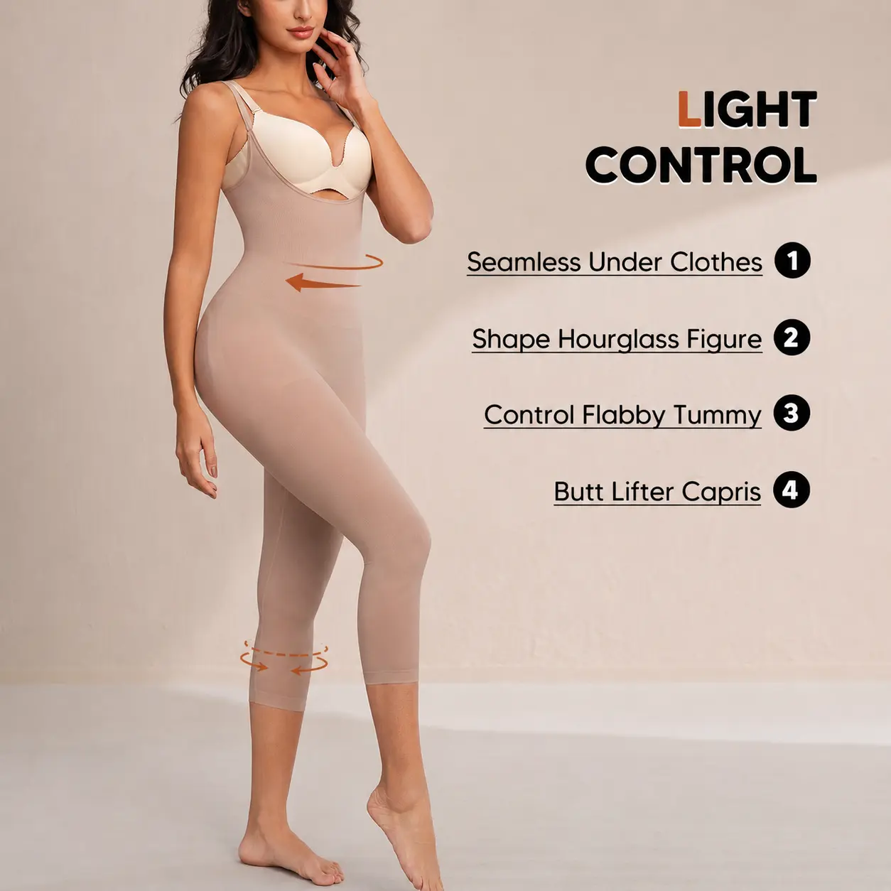 Seamless 3-in-1 Shapewear Bodysuit | Open Bust Tummy Control & Butt Lift | Adjustable Straps Capri Length Body Shaper