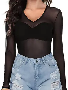 Daily Wear Transparent Sexy Mesh Elastic V-Neck Tight Long Sleeve Inner Layer, Slim-Fitting Plain Style, Women's Fashion Top, Womenswear
