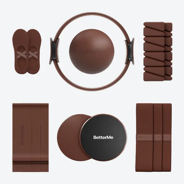 BetterMe Chocolate Brown Home Pilates Equipment Studio Kit | Ring, Sliders, Workout Bands, Ball & Socks – Full Studio Set for Home