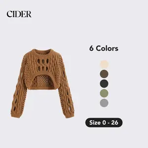 Cider [6 colors, size 0-26] Knit Round Neckline Hollow Out Long Sleeve Crop Top
